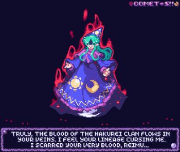 1girl artist_name capelet comet_summoner98 dress ghost_tail glowing glowing_eyes green_eyes green_hair hat long_hair long_sidelocks long_sleeves mima_(touhou) pixel_art purple_dress red_aura ribbon sidelocks solo talking touhou touhou_(pc-98) witch_hat wizard_hat