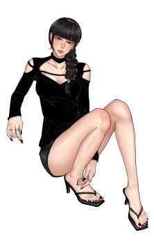 1girl black_hair braid brown_eyes emmi feet highres long_hair looking_at_viewer sandals single_braid toes