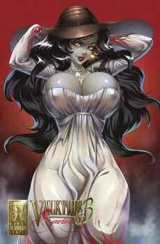 Rule 34 | 1girl, alcina dimitrescu, arms behind head, black hair, black hat, breasts, colored skin, commentary, commission, covered erect nipples, cowboy shot, dress, earrings, english commentary, fog, grey skin, hat, highres, huge breasts, jewelry, lena dai, lips, lipstick, long hair, looking at viewer, makeup, necklace, parted lips, red background, red lips, resident evil, resident evil village, smile, solo, sphere earrings, white dress, yellow eyes