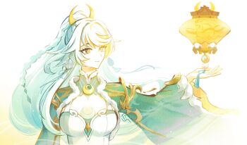 Rule 34 | 1girl, breasts, chinese clothes, closed mouth, commentary request, crescent, crescent hair ornament, floating, floating object, fur-trimmed collar, fur trim, genshin impact, hair ornament, hand up, highres, lantern, long hair, looking at object, looking to the side, medium breasts, outstretched arm, paper lantern, sky lantern, smile, solo, tatata taira, twitter username, upper body, watermark, white hair, wide sleeves, yellow eyes, zibai (genshin impact)