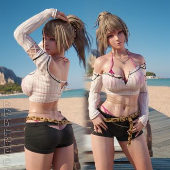 1girl 3d ass ass_cutout bare_shoulders beach bench bikini blonde_hair breasts brown_eyes butt_crack chain clothing_cutout darts77 dead_or_alive dead_or_alive_xtreme dead_or_alive_xtreme_venus_vacation from_below gold_necklace gyaru highres jewelry large_breasts looking_at_viewer looking_back multiple_views navel necklace smile solo standing swimsuit yukino_(doa)
