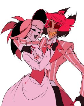 1boy 1girl alastor_(hazbin_hotel) black_pants collared_shirt commentary dress egnhrg hazbin_hotel hellaverse highres long_dress pants pink_shirt red_hair rosie_(hazbin_hotel) sharp_teeth shirt short_hair symbol-only_commentary teeth white_dress white_hair