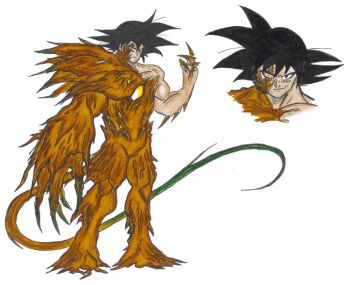 1boy alternate_form alternate_universe arm_spikes asymmetrical_arms black_eyes black_hair bloodshot_eyes body_horror chaosghidorah claws commentary dragon_ball dragonball_z english_commentary full_body growing_out_of_body marker_(medium) monster_boy multiple_views plant_boy plant_growth plant_roots plant_tail portrait saiyan simple_background solo spiked_hair tail traditional_media tree_bark tullece white_background