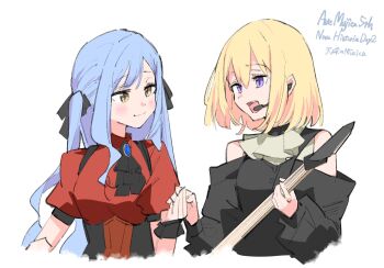 2girls ascot bang_dream! bang_dream!_it&#039;s_mygo!!!!! black_ascot black_dress black_ribbon blonde_hair blue_hair brooch chiriejjiyo clothing_cutout commentary doloris_(bang_dream!) dress hair_ribbon highres holding_hands jewelry long_hair medium_hair microphone misumi_uika multiple_girls oblivionis_(bang_dream!) open_mouth purple_eyes red_shirt ribbon shirt shoulder_cutout sidelocks teeth togawa_sakiko upper_teeth_only yellow_eyes yuri