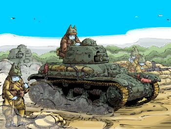 Rule 34 | 4boys, bipod, cannon, cat boy, caterpillar tracks, chain, fm 24/29, gun, highres, holding, holding shovel, machine gun, military vehicle, motor vehicle, multiple boys, original, renault r35, sandbag, shovel, tank, vehicle focus, weapon, yabarn