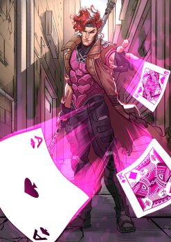 1boy absurdres ace_(playing_card) ace_of_spades alley arashikumo1 armor black_gloves black_sclera bo_staff brown_coat card card_with_aura coat colored_sclera commentary commission covered_abs english_commentary fingerless_gloves full_body gambit gloves glowing_card highres holding holding_staff incoming_attack king_(playing_card) king_of_diamonds looking_at_viewer male_focus marvel marvel_rivals muscular muscular_male pink_armor playing_card queen_(playing_card) queen_of_hearts_(playing_card) red_eyes red_hair short_hair solo spade_(shape) staff superhero_costume trench_coat x-men