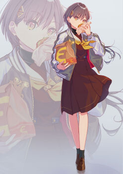 1girl birthday black_hair burger commentary eating food full_body grey_background hair_ornament hasu_no_sora_school_uniform highres holding holding_burger holding_food jacket katsuragi_izumi link!_like!_love_live! long_hair love_live! macken666 school_uniform solo upper_body yellow_eyes