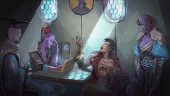 2boys 2girls absurdres against_wall belt blue_robe braid brown_belt chaos_(warhammer) coat earrings gold_earrings highres jewelry leaning_back mohawk multiple_boys multiple_girls nictanova open_clothes open_mouth red_coat robe rubbing_head single_braid sunlight t'au talking warhammer_40k window