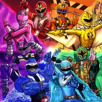 1girl 6+boys abareyellow arrow avataro_sentai_donbrothers bakuryuu_pteranodon bakuryuu_sentai_abaranger baseball_bat baseball_stadium burmeoburmeo clock color_wheel_challenge commission dragon fine_art_parody food fruit fukami_gou geki_violet gosei_sentai_dairanger highres itsuki_ranru juuken_sentai_gekiranger kenpo_(fighting_style) mirai_sentai_timeranger momotarou_(character) monkey muay_thai_(fighting_style) multiple_boys multiple_drawing_challenge nihonga nijino_akira ninja ninja_blue ninja_sentai_kakuranger ninpuu_sentai_hurricanger parody peach poses ptera_dagger pteranodon rails rainbow rainbow_order ressha_sentai_toqger ryuu_ranger saizou_(ninja_sentai_kakuranger) sarubrother saruhara_shinichi shuriken_ball shuriken_bat shurikenger_(ninpuu_sentai_hurricaneger) super_sentai tenkasei_ryou time_pink time_travel today_is_friday_in_california_(meme) tokusatsu toq_6gou train transformation ukiyo-e waves wolf yuuri_(mirai_sentai_timeranger)