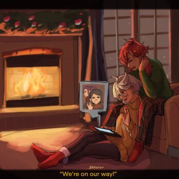 4girls black_hair black_pantyhose christmas closed_eyes commentary english_commentary english_text fireplace green_sweater grey_hair gundam gundam_suisei_no_majo highres long_hair miorine_rembran multiple_girls nika_nanaura open_mouth pants pantyhose plaid_clothes plaid_pants purple_hair red_hair red_pants red_socks sabina_fardin short_hair skaichuu smile socks suletta_mercury sweater tablet_pc thick_eyebrows waving yellow_sweater yuri