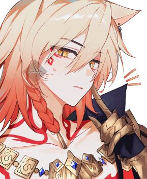 Rule 34 | 1boy, arm tattoo, armlet, black coat, blonde hair, braid, chest tattoo, clawed gauntlets, coat, commentary request, facial tattoo, ggaerok, gold necklace, gradient hair, highres, honkai: star rail, honkai (series), jewelry, korean commentary, looking at viewer, male focus, medium hair, multicolored hair, mydei (honkai: star rail), necklace, open clothes, open coat, red hair, red tattoo, side braid, solo, tattoo, twitter username, watermark, yellow eyes