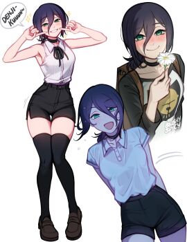 1girl black_choker black_hair black_ribbon black_shorts black_thighhighs blush blushyspicy breasts brown_shoes chainsaw_man choker collared_shirt english_text full_body green_eyes grin hair_between_eyes highres looking_at_viewer neck_ribbon purple_hair reze_(chainsaw_man) ribbon shirt shoes short_hair shorts simple_background sleeveless sleeveless_shirt smile standing teeth thighhighs white_shirt