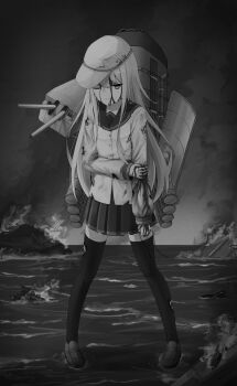 1girl blood fire hand_on_own_arm hat hibiki_(kancolle) highres kantai_collection kuneamorai monochrome nightmare one_eye_closed pantyhose school_uniform serafuku shoes skirt smoke torn_clothes verniy_(kancolle) water white_hair white_serafuku wreckage
