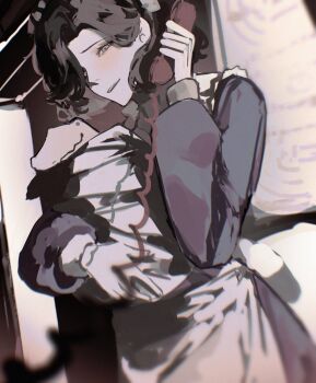 1girl :d apron black_hair blanket corded_phone dress hair_over_one_eye hand_up highres holding holding_blanket holding_phone looking_at_viewer maid open_mouth phone pink_eyes purple_dress reverse:1999 short_hair smile solo swaddled tuesday_(reverse:1999) upper_body white_apron wilson_(wilson1151487)