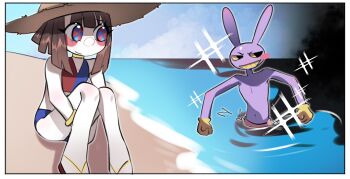 1boy 1girl animal_ears beach bikini black_eyes blue_bikini blue_eyes blush_stickers brown_hair choker colored_sclera colored_skin colored_teeth commentary english_commentary flip-flops furry furry_male gloves hat highres jax_(the_amazing_digital_circus) knees_up multicolored_bikini multicolored_eyes ocean on_ground overalls partially_submerged pomni_(the_amazing_digital_circus) rabbit_boy rabbit_ears red_bikini red_eyes sandals short_hair single_blush_sticker sitting smile sun_hat swimsuit the_amazing_digital_circus two-tone_bikini two-tone_eyes viobutter009 water white_skin yellow_choker yellow_gloves yellow_sclera yellow_teeth