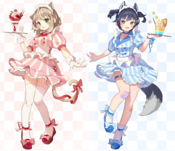 2girls :3 :d :o animal_ears apron bandaid bandaid_on_knee bandaid_on_leg black_hair blue_background blue_dress blue_shoes blush bow breasts brown_hair cat_ears cat_girl cat_tail checkered_background commentary_request cup dress drinking_glass food full_body gloves green_eyes hair_ornament hairclip ham3c heart heart_o-ring highres holding holding_tray maid_headdress multiple_girls o-ring o-ring_thigh_strap open_mouth original outstretched_arm parallel_hairclips parfait parfait_glass pink_background pink_dress red_bow red_shoes shoes short_dress short_hair short_sleeves small_breasts smile socks standing standing_on_one_leg star_(symbol) striped_clothes striped_dress tail tail_bow tail_ornament thigh_strap thighhighs tray two_side_up vertical-striped_clothes vertical-striped_dress waist_apron white_apron white_gloves white_socks white_thighhighs wolf_ears wolf_girl wolf_tail yellow_eyes zettai_ryouiki