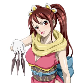 1girl breasts brown_eyes brown_hair cleavage female_focus gloves highres holding holding_knife holding_weapon japanese_clothes knife kunai long_hair looking_at_viewer matching_hair/eyes medium_breasts nel-zel_formula ninja one_piece red_lips shinobu_(one_piece) smile solo twintails weapon white_gloves