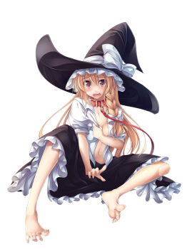 1girl barefoot blonde_hair blush braid breasts cleavage collar covering_privates feet female_focus full_body fuyuwa_kotatsu hat highres kirisame_marisa leash long_hair long_toenails medium_breasts no_bra open_clothes open_shirt purple_eyes shirt simple_background single_braid soles solo toenails toes touhou very_long_hair white_shirt witch_hat