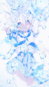 1girl air_bubble arms_up artist_name blue_eyes blue_neckerchief blue_sailor_collar blue_skirt blue_theme blurry blurry_foreground blush bubble cowboy_shot depth_of_field floating_hair highres ice ice_cube long_hair looking_at_viewer miniskirt neckerchief necktie original parted_lips pleated_skirt renren_(pixiv22963369) sailor_collar school_uniform serafuku shirt short_sleeves signature skirt solo submerged tareme underwater water white_background white_hair white_shirt