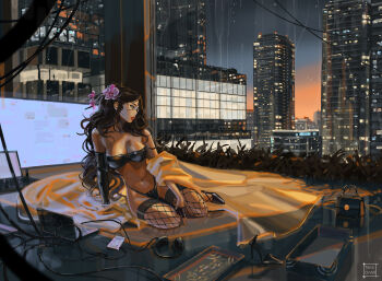 1girl arm_support artist_name asymmetrical_gloves bag black_gloves black_hair breasts building city cleavage commentary commission computer english_commentary fingerless_gloves fishnet_thighhighs fishnets flower glasses gloves hair_flower hair_ornament handbag headphones high_heels highres laptop large_breasts long_hair navel night original paid_reward_available sitting solo tatti_art thighhighs uneven_gloves variant_set window yokozuwari