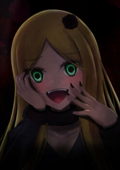 1girl black_dress black_neckwear blonde_hair demon_girl dress fur_collar green_eyes hand_on_own_cheek hand_on_own_face highres long_hair overlord_(maruyama) renner_theiere_chardelon_ryle_vaiself sharp_nails smile very_long_hair yandere