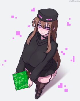 1girl absurdres ander_(at2.) artist_name black_choker black_hat black_jacket black_shoes black_skirt black_thighhighs block_(minecraft) blush breasts bright_pupils brown_hair choker closed_mouth commentary commission enderman english_commentary from_above full_body garter_straps grass_block hair_between_eyes hat heart heart-shaped_pupils highres holding holding_block jacket large_breasts long_hair long_sleeves looking_at_viewer minecraft miniskirt mob_talker personification pleated_skirt purple_eyes saltdrawyou shoes skirt smile solo split_mouth standing symbol-shaped_pupils thighhighs twitter_username white_background white_pupils