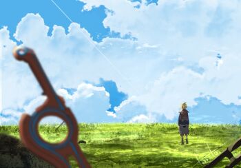 1boy cloud cloudy_sky highres horizon landscape monado outdoors shulk_(xenoblade) sky solo standing toosut0 xenoblade_chronicles_(series) xenoblade_chronicles_1