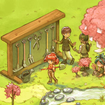 2boys 2girls belt brown_eyes brown_hair brown_pants david_revoy full_body gardening grass grey_hair grin hair_ribbon highres hoe holding holding_shovel multiple_boys multiple_girls orange_tank_top outdoors pants ponytail rake red_hair ribbon rock scissors shirt shoes shovel sleeveless smile stream tank_top tools tree vest watering_can