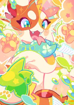 1other :3 aqua_bow aqua_bowtie aqua_eyes bow bowtie calico_(pattern) calico_cat cat colored_lineart commission cowboy_shot fangs forked_tongue furry green_eyes hand_up highres open_mouth original paper paw_print second-party_source sowao. sparkle standing tongue tongue_out