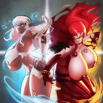 2girls ass astaroth_(taimanin) astaroth_(taimanin_asagi) bare_shoulders barely_clothed blue_eyes bracelet breasts cleavage curvy dark-skinned_female dark_elf dark_skin demon_girl elbow_gloves eleonor_(taimanin_rpgx) elf fangs farronhart female_focus fire gloves highres huge_breasts ilikecookies2 jewelry large_breasts lilith-soft long_hair looking_at_viewer multiple_girls open_mouth pointy_ears red_hair smile taimanin_(series) taimanin_asagi taimanin_asagi_kessen_arena taimanin_rpgx tattoo thick_thighs thighhighs thighs tonyfarronhart water weapon white_hair wide_hips yellow_eyes