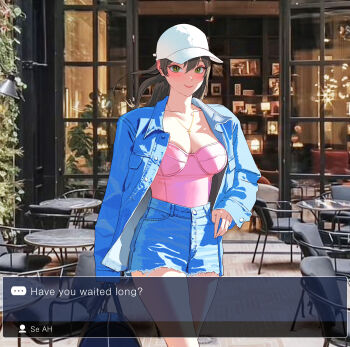 1girl absurdres bag baseball_cap blue_shorts breasts brown_hair character_name cleavage closed_mouth collarbone commentary cross cross_necklace denim denim_jacket denim_shorts english_commentary english_text green_eyes hand_in_pocket hat highres holding holding_bag jacket jewelry large_breasts long_hair long_sleeves looking_at_viewer necklace open_clothes open_jacket original photo_background pink_shirt shirt shorts sidelocks smile solo user_interface visual_novel white_hat wonbin_lee