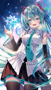 1girl absurdres aqua_eyes aqua_hair aqua_nails aqua_necktie aqua_trim arm_tattoo balloon black_skirt blush breasts commentary_request fingernails frilled_shirt_collar frills hair_between_eyes hair_ornament hatsune_miku hatsune_miku_happy_16th_birthday_-dear_creators- headphones highres long_hair long_sleeves looking_at_viewer medium_breasts miniskirt nail_polish necktie number_tattoo open_mouth pleated_skirt samo_cha see-through_clothes see-through_sleeves skirt smile solo stellated_octahedron tattoo thick_thighs thighhighs thighs twintails very_long_hair vocaloid zettai_ryouiki