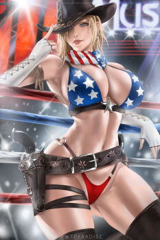 1girl american_flag american_flag_bikini american_flag_print artist_name belt bikini breasts brown_belt brown_thighhighs cleavage closed_mouth commentary cowboy_hat dead_or_alive dead_or_alive_5 fingerless_gloves flag_print flag_print_bikini gloves hat hat_over_one_eye highres holster large_breasts lips looking_at_viewer mole mole_on_breast navel print_bikini revision smile solo swimsuit thick_thighs thighhighs thighs tina_armstrong white_gloves wrestling_ring wtparadise