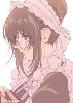 1girl alternate_costume apron blue_eyes blush book braid braided_bun brown_hair chagi_chage commentary_request dress enmaided glasses hair_bun holding holding_book idolmaster idolmaster_cinderella_girls long_hair looking_at_viewer maid maid_headdress parted_lips round_eyewear sagisawa_fumika sideways_glance solo upper_body