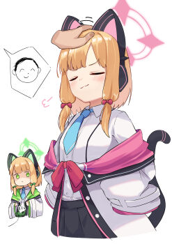 1other 2girls :3 absurdres animal_ear_headphones animal_ears black_skirt blonde_hair blue_archive blue_necktie blunt_bangs blush bow cat_ear_headphones cat_ears cat_tail closed_eyes closed_mouth collared_shirt commentary controller cowboy_shot disembodied_hand doodle_sensei_(blue_archive) doyagao expressionless fake_animal_ears fake_tail game_controller green_bow green_eyes green_halo hair_bow halo hands_on_own_hips headpat headphones highres jacket jealous jitome long_sleeves looking_at_another medium_hair midori_(blue_archive) momoi_(blue_archive) motion_lines multiple_girls necktie open_clothes open_jacket osmium-76 pink_halo pleated_skirt puff_of_air red_bow school_uniform sensei_(blue_archive) shaded_face shirt siblings sidelocks simple_background sisters skirt smile smirk smug speech_bubble spoken_character tail tail_raised twins v-shaped_eyebrows white_background white_jacket white_shirt wide_sleeves