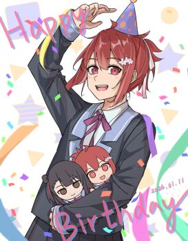 1girl 2025 :d absurdres arm_up birthday black_hair black_jacket black_skirt blazer blush bow character_doll collared_shirt commentary_request confetti dated doll flower hair_between_eyes hair_flower hair_ornament hair_ribbon hairclip happy_birthday hat hibiki4411 highres holding holding_doll holding_stuffed_toy hugging_doll hugging_object jacket koori_chikage long_sleeves looking_at_viewer neck_ribbon nogi_wakaba_wa_yuusha_de_aru open_mouth party_hat pink_ribbon pleated_skirt ponytail purple_ribbon red_eyes red_hair ribbon school_uniform shirt short_hair short_ponytail skirt smile solo star_(symbol) streamers stuffed_animal stuffed_toy takashima_yuuna teeth upper_teeth_only white_background white_ribbon white_shirt yuusha_de_aru