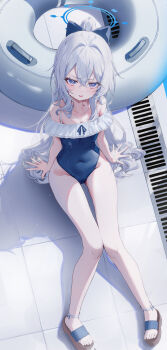 1girl :d absurdres arms_at_sides blue_archive blue_bow blue_eyes blue_halo blue_one-piece_swimsuit blush bow casual_one-piece_swimsuit collarbone commentary_request covered_navel crossed_bangs day eyelashes frilled_one-piece_swimsuit frills from_above full_body hair_between_eyes hair_bow hair_intakes hair_ornament hair_over_shoulder halo highleg highleg_one-piece_swimsuit highres innertube kerno knees_together_feet_apart long_hair looking_at_viewer miyako_(blue_archive) miyako_(swimsuit)_(blue_archive) off-shoulder_one-piece_swimsuit off_shoulder official_alternate_costume official_alternate_hairstyle on_floor one-piece_swimsuit open_mouth outdoors outstretched_hand sandals sidelighting sidelocks sitting smile solo swim_ring swimsuit thighs toes upturned_eyes v-shaped_eyebrows very_long_hair white_hair
