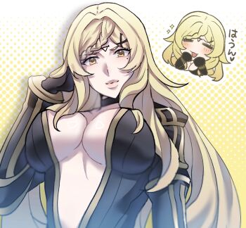 Rule 34 | 1girl, = =, blonde hair, blush, breasts, chibi, chibi inset, closed mouth, commentary request, drag-on dragoon, drag-on dragoon 3, facial mark, five (drag-on dragoon), forehead mark, hair ornament, hairclip, highres, hukachi 12, large breasts, long hair, looking at viewer, mole, mole under eye, multiple views, pink lips, plunging neckline, smile, sparkle, very long hair, yellow eyes