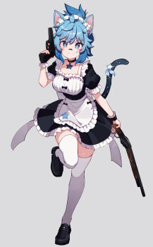 1girl absurdres animal_ear_fluff animal_ears apron black_collar black_dress black_shoes blue_eyes blue_hair blush breasts cat_ears cat_girl cat_tail collar collarbone commentary commentary_request commission cream_(nipakupa) dress english_commentary frilled_apron frilled_dress frills full_body grey_background grin gun hair_between_eyes handgun highres holding holding_gun holding_weapon loafers looking_at_viewer maid medium_breasts original pixiv_commission puffy_short_sleeves puffy_sleeves shoes short_sleeves simple_background smile solo standing standing_on_one_leg star-shaped_pupils star_(symbol) symbol-shaped_pupils tail thighhighs weapon weapon_request white_apron white_thighhighs wrist_cuffs