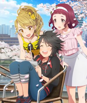 3girls :d ^_^ akaba_yukino black_hair black_jacket blonde_hair blue_pants blue_shoes blue_sky breasts brown_eyes building butterfly_hair_ornament chair cherry_blossoms cherry_tree cleavage closed_eyes cloud day drawstring earrings falling_petals flower flower_hairband game_cg gems_company hair_ornament hairband hanabishi_nadeshiko holding holding_stylus holding_tablet_pc ichimonji_maya jacket jewelry knees_up medium_breasts mole mole_under_mouth multiple_girls necklace official_art on_chair open_mouth orange_eyes outdoors pants petals pink_petals pink_shirt ponytail railing red_hair red_lips river shirt shoes short_hair short_sleeves sitting skirt sky smile spiked_hair stylus tablet_pc tank_top teeth third-party_source toji_no_miko toji_no_miko:_kizamishi_issen_no_tomoshibi upper_teeth_only virtual_youtuber white_flower white_hairband white_skirt yellow_tank_top