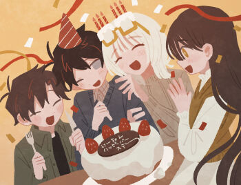 1girl 3boys :d akinashi_haru akinashi_natsuki arm_hug birthday birthday_cake black_hair black_shirt blue_sweater blush brown_hair brown_sweater cake commentary_request confetti dutch_angle ear_piercing food fork fruit game_cg green_jacket hand_on_another's_shoulder happy hat holding holding_fork holding_knife jacket knife multiple_boys novelty_glasses one_eye_closed open_mouth party_hat piercing ribbed_sweater ruuya1124 saihate_eki shirt smile steepled_fingers strawberry streamers sweater sweater_vest tatsunami_shion tenjiku_aoi white_hair white_shirt yellow_eyes yellow_sweater_vest