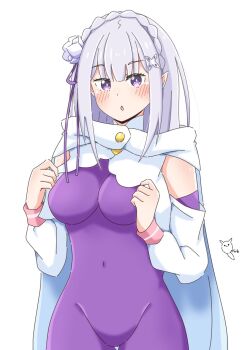 1girl blush bodysuit breasts cape commentary_request elf emilia_(re:zero) highres kaedemarine large_breasts long_hair looking_at_viewer official_alternate_costume open_mouth pointy_ears purple_bodysuit purple_eyes re:zero_kara_hajimeru_isekai_seikatsu solo very_long_hair white_background white_cape white_hair