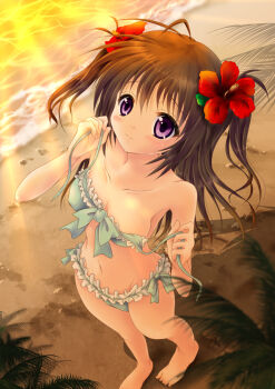 1girl antenna_hair aqua_bikini bare_shoulders barefoot beach bikini blush breasts brown_hair closed_mouth collarbone commentary_request covered_erect_nipples evening flower footprints frilled_bikini frills full_body hair_flower hair_ornament light_rays long_hair medium_breasts open_clothes original outdoors plant purple_eyes red_flower sand shadow shore smile solo standing strap_pull sunbeam sunlight swimsuit top_of_moe_2014 two_side_up untied_bikini yorarry