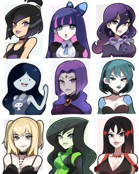 6+girls :d adventure_time amane_misa aqua_eyes bite_mark bite_mark_on_neck black_choker black_hair black_tank_top blonde_hair blue_hair blue_lips breasts brooch choker cleavage colored_inner_hair colored_skin commentary danny_phantom dc_comics death_note earrings english_commentary fangs forehead_jewel goth_fashion grey_skin gwen_(total_drama) hex_maniac_(pokemon) hex_maniac_(pokemon_legends:_z-a) highres jewelry kim_possible_(series) large_breasts looking_at_viewer marceline_abadeer multicolored_hair multiple_girls nintendo open_mouth panty_&amp;_stocking_with_garterbelt pendant pink_hair pokemon pokemon_legends:_z-a purple_eyes purple_hair purple_lips raven_(dc) red_lips sam_manson scooby-doo shego short_hair skull_print smile stocking_(psg) tank_top teen_titans thorn_(scooby-doo) total_drama touyarokii trait_connection two_side_up white_background