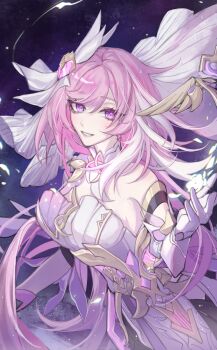 1girl absurdres bare_shoulders breasts chinese_commentary cleavage commentary_request detached_sleeves diamond-shaped_pupils diamond_(shape) elysia_(herrscher_of_human:_ego)_(honkai_impact) elysia_(honkai_impact) gloves hair_between_eyes highres honkai_(series) honkai_impact_3rd large_breasts liushen_hualushui long_hair looking_at_viewer magical_girl pink_eyes pink_hair shirt short_sleeves sky solo star_(sky) starry_sky symbol-shaped_pupils triquetra upper_body veil very_long_hair white_gloves white_shirt white_veil