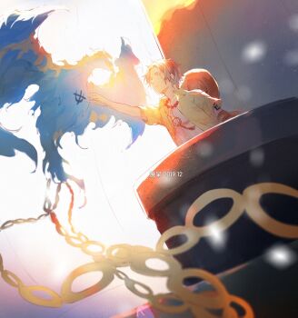 2boys alternate_form arm_up bird black_hair commentary dated elbow_pads english_commentary fish191101756 hat highres jewelry looking_at_another male_focus marco_(one_piece) mast multiple_boys necklace one_piece open_clothes open_shirt orange_hat pearl_necklace phoenix portgas_d._ace profile shirt short_hair short_sleeves single_elbow_pad sunlight upper_body yellow_shirt