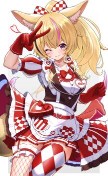 1girl absurdres animal_ear_fluff animal_ears black_streaks blonde_hair commentary_request dress fishnet_thighhighs fishnets fox_ears fox_girl fox_tail gloves highres hololive long_hair marishia_holo multicolored_hair official_alternate_costume official_alternate_hairstyle omaru_polka omaru_polka_(waitress) one_eye_closed pink_streaks ponytail purple_eyes red_dress red_gloves solo streaked_hair tail thighhighs virtual_youtuber white_thighhighs