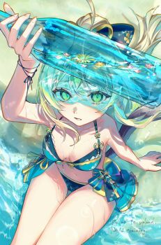 1girl animal_ears bare_shoulders bikini blonde_hair bottle breasts cat_ears cat_girl cat_tail cleavage collarbone flower genshin_impact green_eyes hair_ornament highres holding holding_bottle kirara_(genshin_impact) long_hair looking_at_viewer medium_breasts multiple_tails navel open_mouth parted_lips solo stomach sweat sweatdrop swimsuit tail teeth thighs two_tails una_kamra