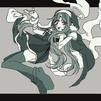 1girl :p aimaina alternate_costume ao_6336 bandaged_wrist bandages bandaid bandaid_on_cheek bandaid_on_face between_fingers black_nails cigarette dress facial_mark finger_gun finger_gun_to_head forehead_mark from_side garter_straps greyscale halo hatsune_miku highres holding holding_cigarette jumping kamippoina_(vocaloid) letterboxed long_hair looking_at_viewer looking_to_the_side monochrome nun nun_headdress outside_border red_eyes short_dress simple_background sleeveless sleeveless_dress smile smoke solo spot_color thighhighs tongue tongue_out uneven_eyes vocaloid wrist_cuffs