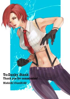Rule 34 | abs, armpits, blouse, breasts, commission, gloves, lace, mature female, medium breasts, medium hair, midriff, navel, necktie, nishinb, one eye closed, open hand, pants, punching, red eyes, red hair, red lips, red necktie, shirt, striped, suspenders, the king of fighters, vanessa (kof), white shirt, wink